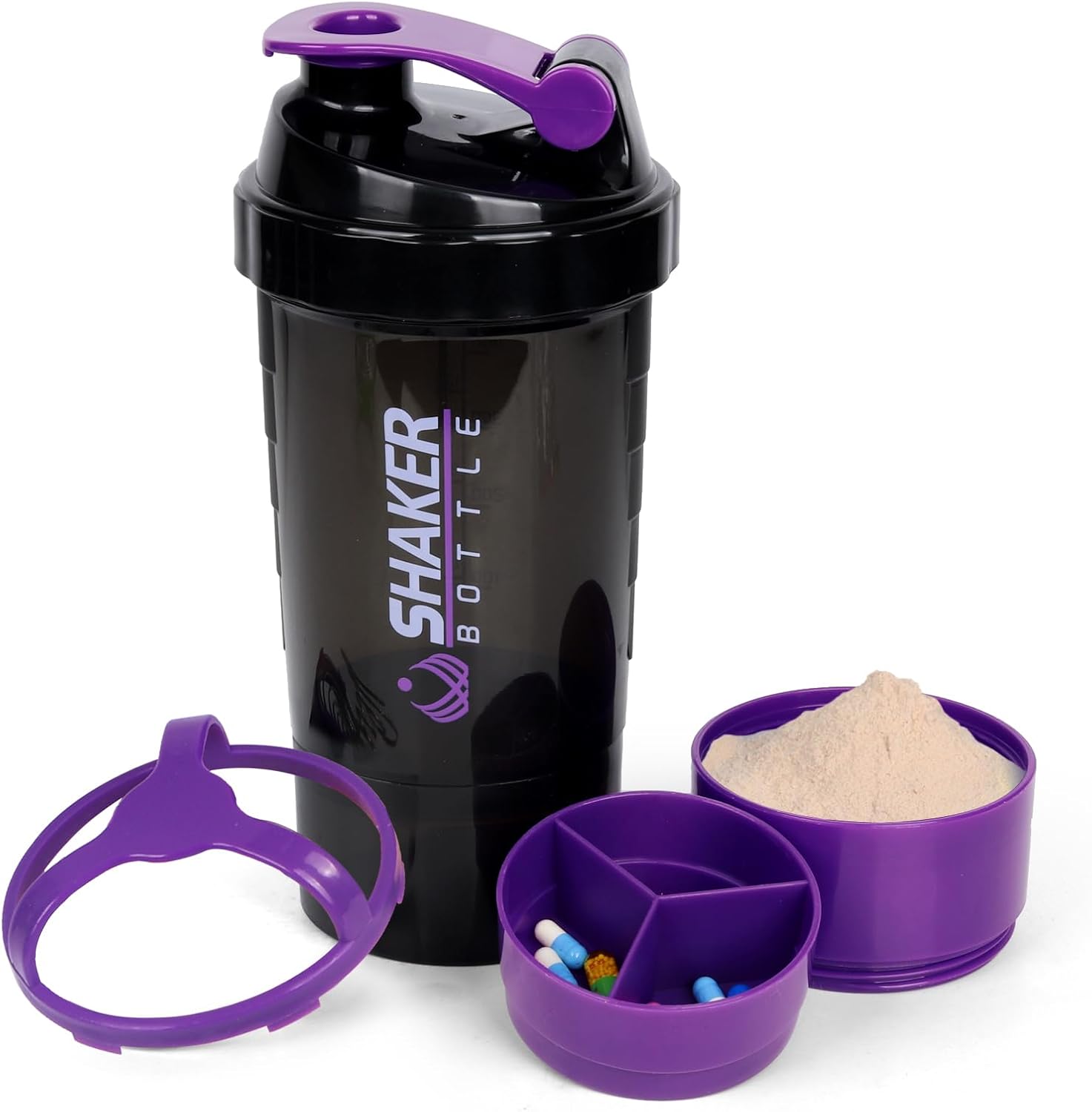 XTK Shaker Bottle Protein Shaker Bottles with Storage and Mix Ball, 16OZ Sports Water Bottle with Pill Organizer,Leak Proof Portable Shaker Bottles for Protein Mixes and Pre Work Out,BPA Free(purple)