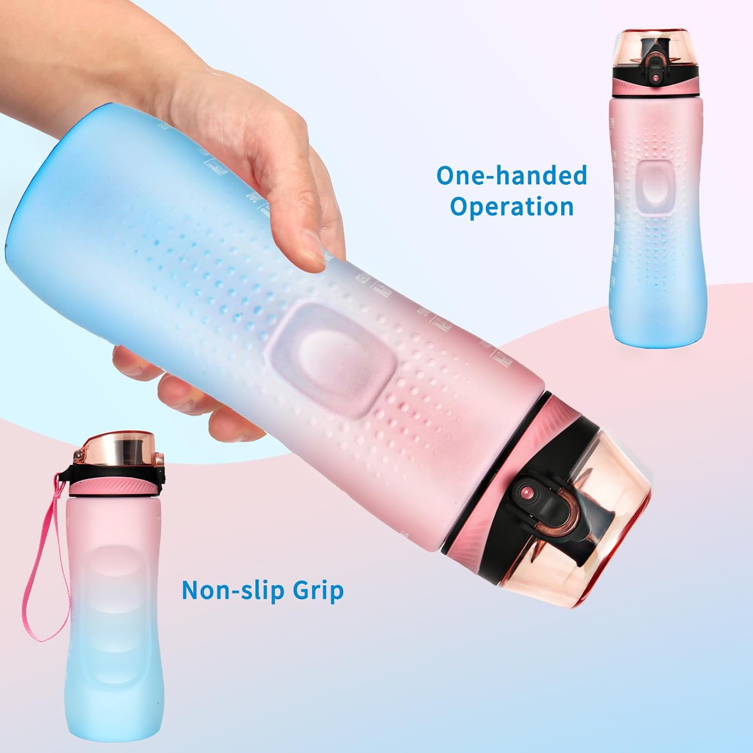 Water Bottle,25 oz Motivational Water Bottle with Time Marker,Sports Water Bottle with Carrying Strap,Leakproof & BPA Free,Reusable,for Teenager, Adult,Outdoors, Cycling, School & Office