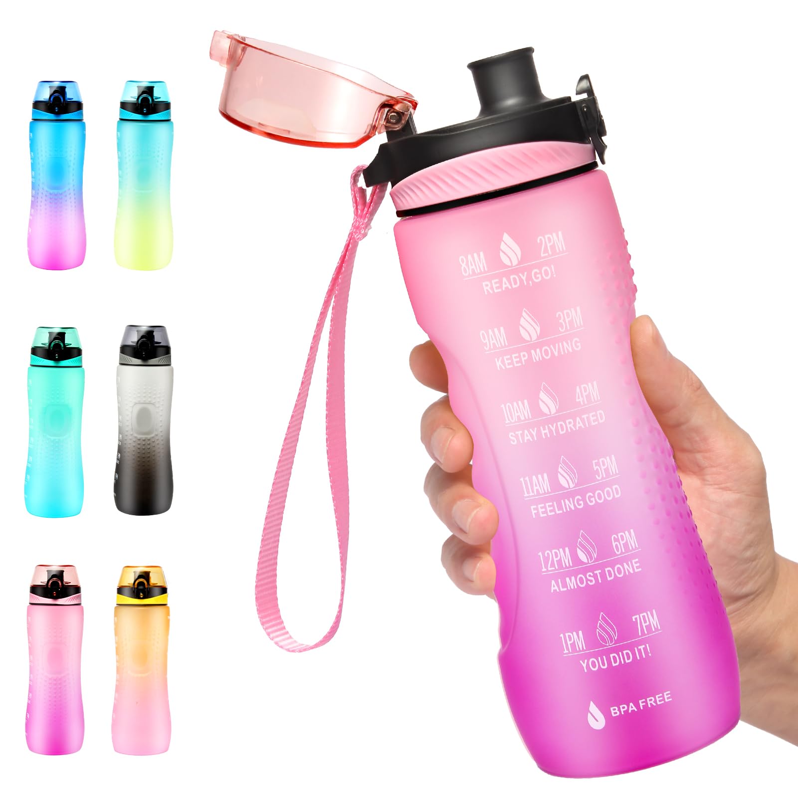 Water Bottle,25 oz Motivational Water Bottle with Time Marker,Sports Water Bottle with Carrying Strap,Leakproof & BPA Free,Reusable,for Teenager, Adult,Outdoors, Cycling, School & Office