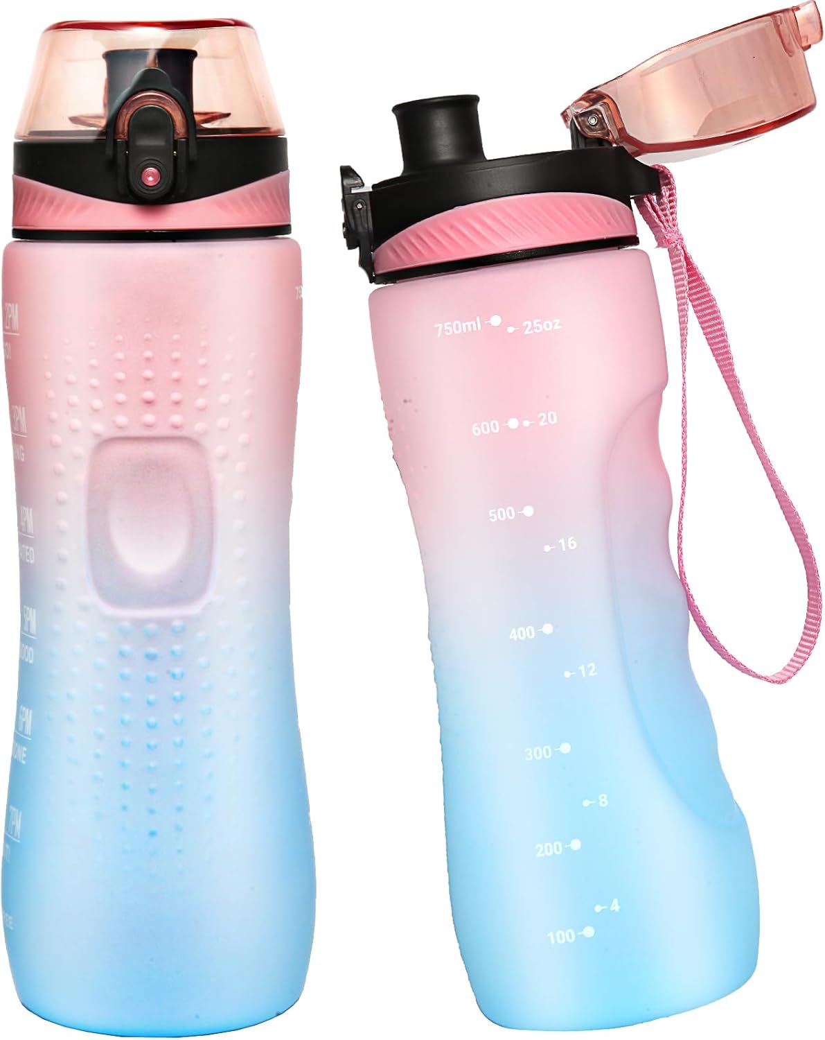 Water Bottle,25 oz Motivational Water Bottle with Time Marker,Sports Water Bottle with Carrying Strap,Leakproof & BPA Free,Reusable,for Teenager, Adult,Outdoors, Cycling, School & Office