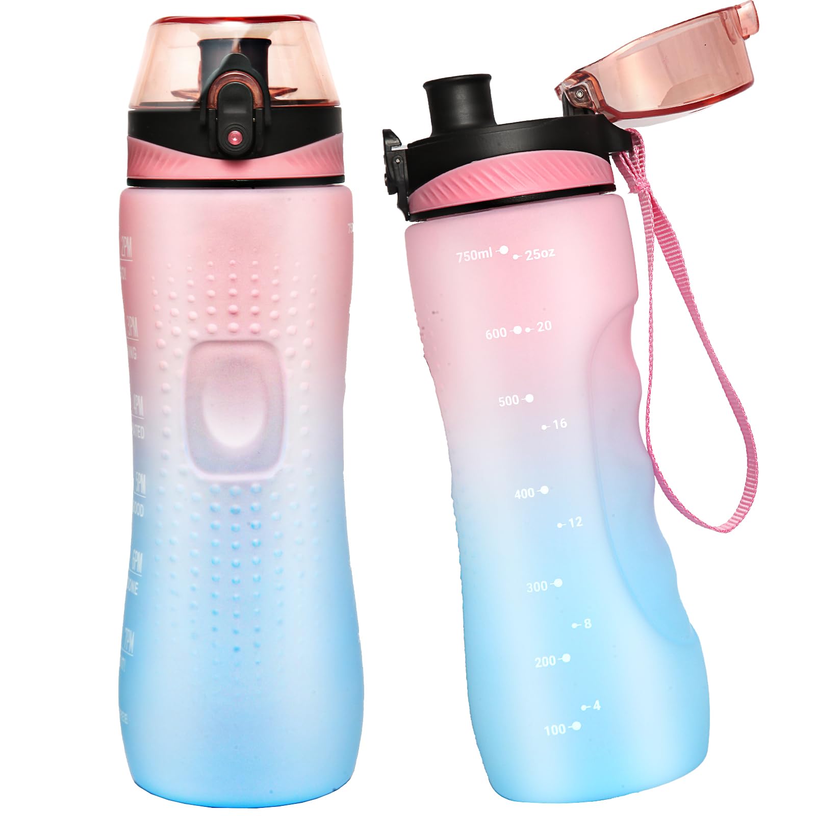 Water Bottle,25 oz Motivational Water Bottle with Time Marker,Sports Water Bottle with Carrying Strap,Leakproof & BPA Free,Reusable,for Teenager, Adult,Outdoors, Cycling, School & Office
