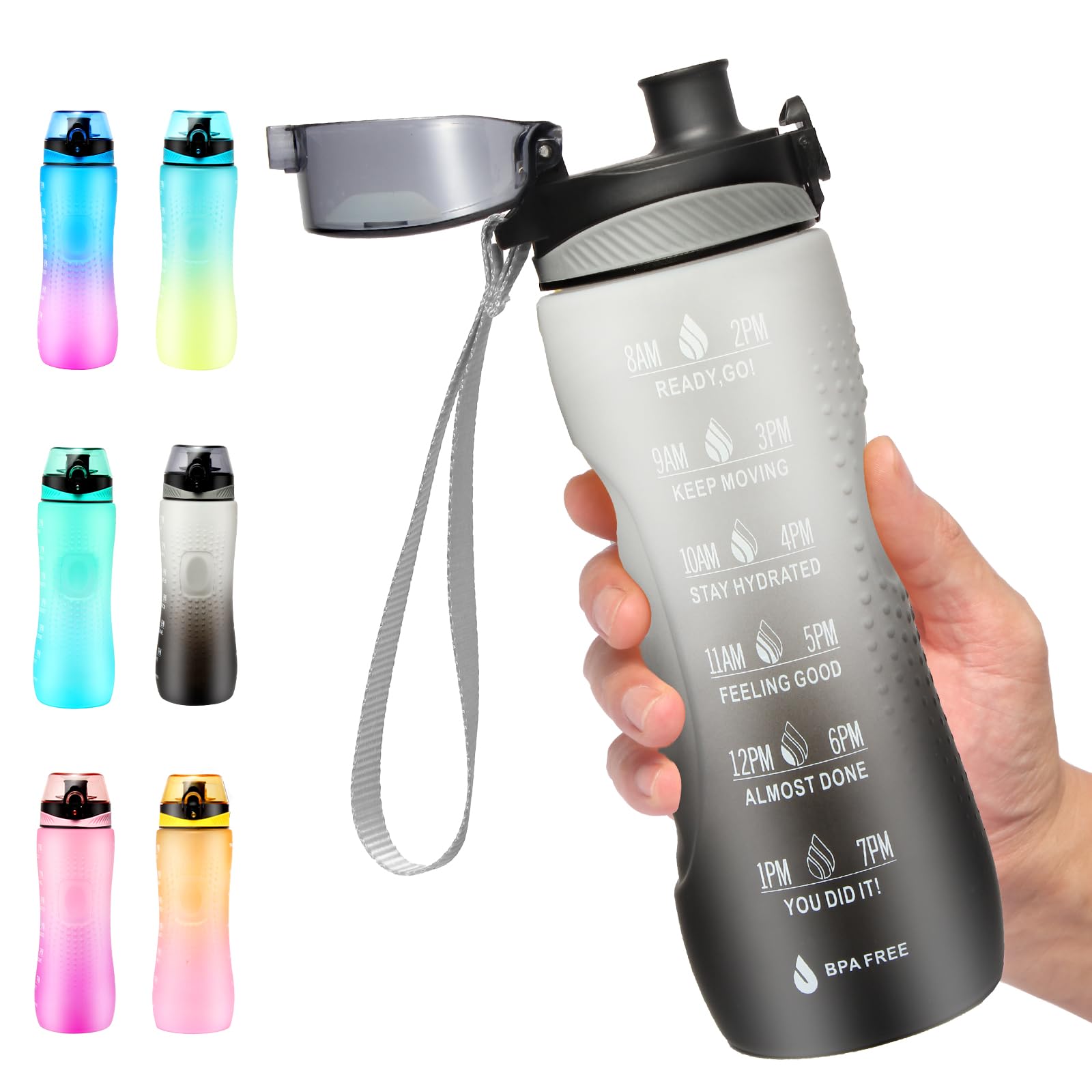 Water Bottle,25 oz Motivational Water Bottle with Time Marker,Sports Water Bottle with Carrying Strap,Leakproof & BPA Free,Reusable,for Teenager, Adult,Outdoors, Cycling, School & Office