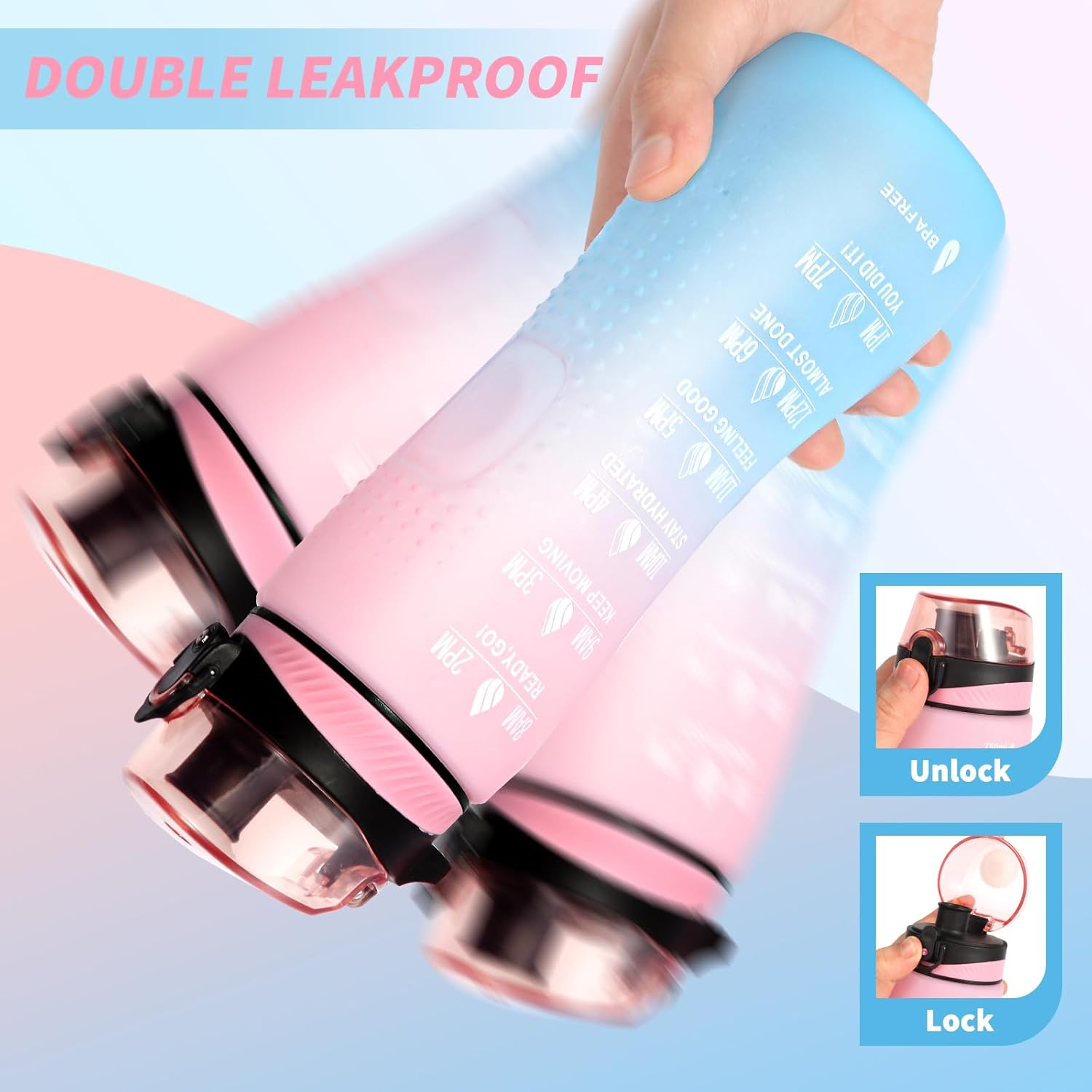 Water Bottle,25 oz Motivational Water Bottle with Time Marker,Sports Water Bottle with Carrying Strap,Leakproof & BPA Free,Reusable,for Teenager, Adult,Outdoors, Cycling, School & Office