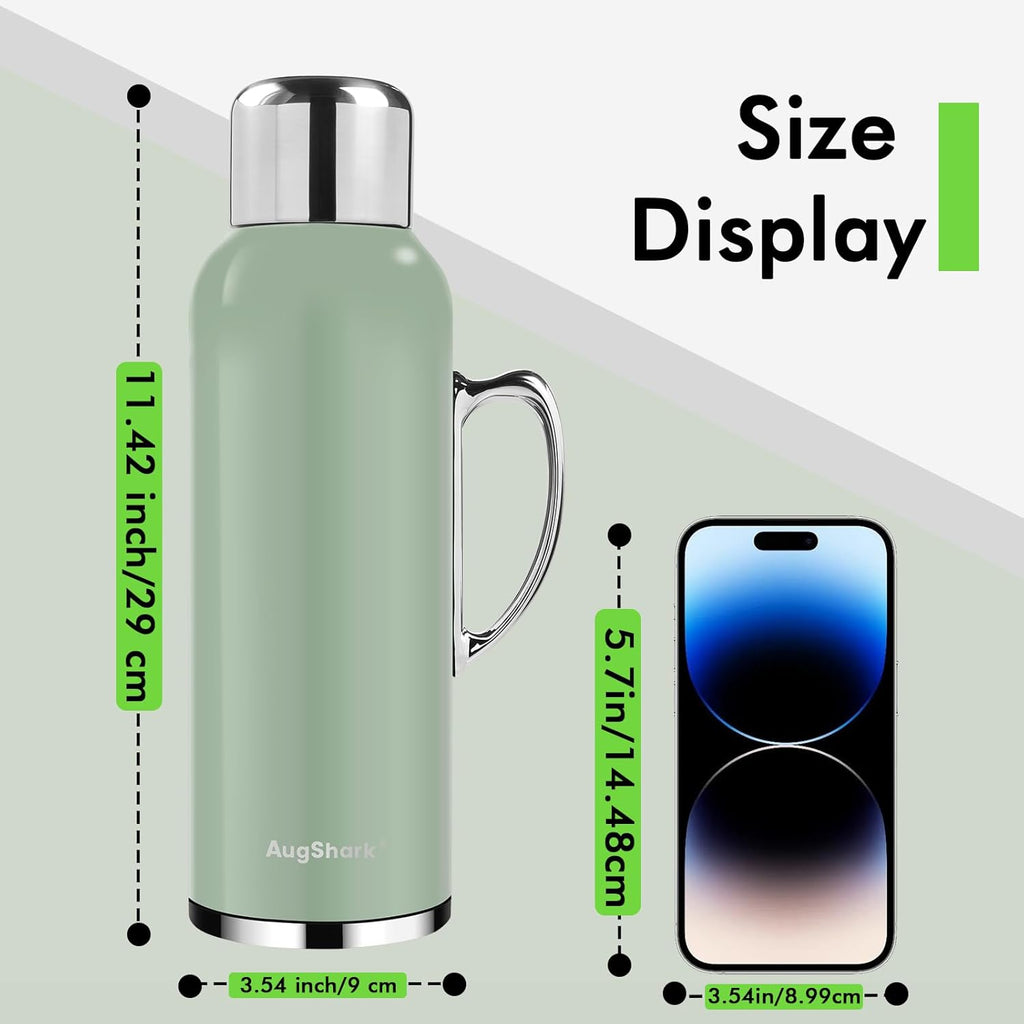 34 oz Insulated Water Bottle, Green Vacuum Stainless Steel Water Flask Jug with Handle & Metal Mechanical Temperature Measuring Cup Lid, Leakproof Travel Bottle Keep Cold 36h Hot 24h