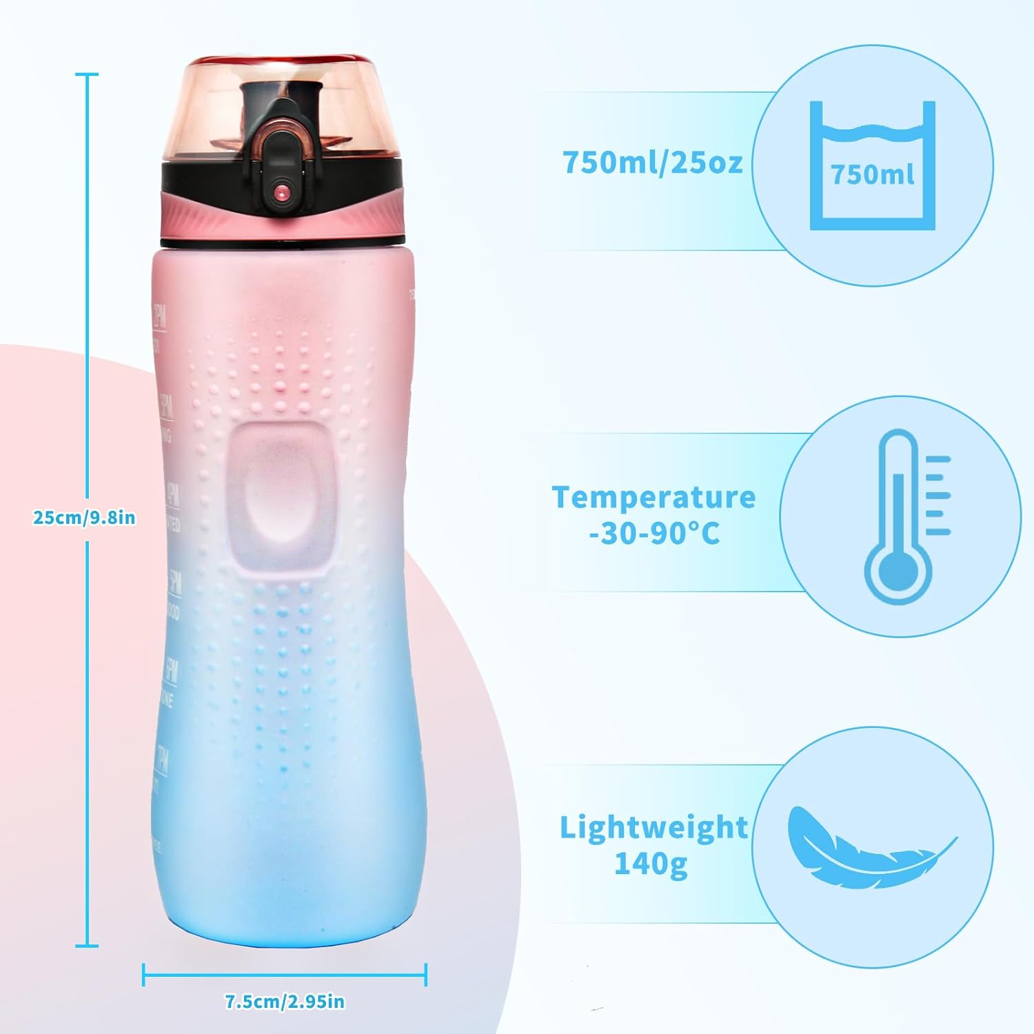 Water Bottle,25 oz Motivational Water Bottle with Time Marker,Sports Water Bottle with Carrying Strap,Leakproof & BPA Free,Reusable,for Teenager, Adult,Outdoors, Cycling, School & Office