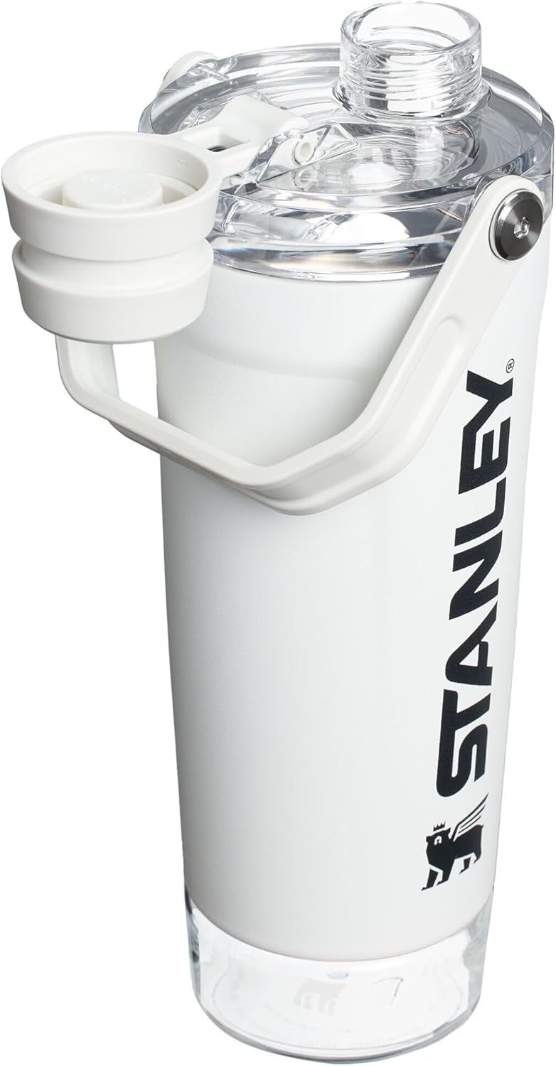 STANLEY Vitalize Shaker Bottle 20 oz | Leakproof Insulated Stainless Steel Shaker Cup | Base Storage and Twist On Fast Flow Lid | Protein Shakes and Pre Workout Powder | BPA-Free | Chalk