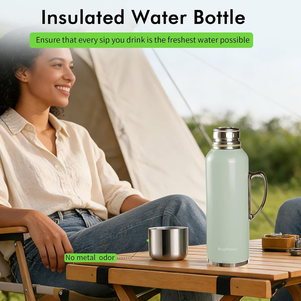 34 oz Insulated Water Bottle, Green Vacuum Stainless Steel Water Flask Jug with Handle & Metal Mechanical Temperature Measuring Cup Lid, Leakproof Travel Bottle Keep Cold 36h Hot 24h