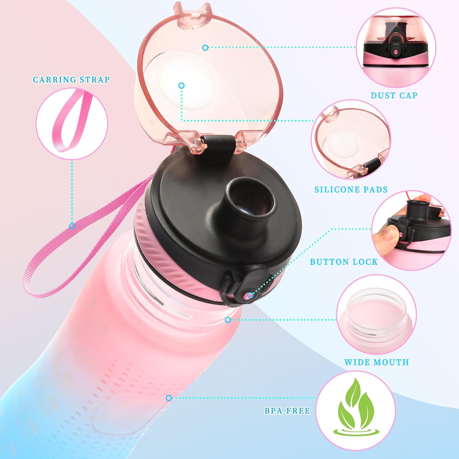 Water Bottle,25 oz Motivational Water Bottle with Time Marker,Sports Water Bottle with Carrying Strap,Leakproof & BPA Free,Reusable,for Teenager, Adult,Outdoors, Cycling, School & Office