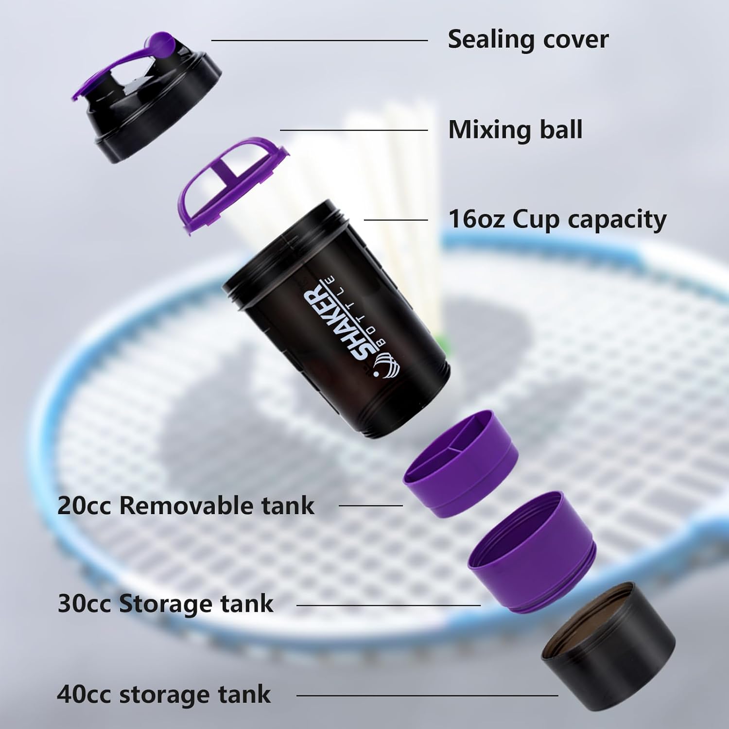 XTK Shaker Bottle Protein Shaker Bottles with Storage and Mix Ball, 16OZ Sports Water Bottle with Pill Organizer,Leak Proof Portable Shaker Bottles for Protein Mixes and Pre Work Out,BPA Free(purple)