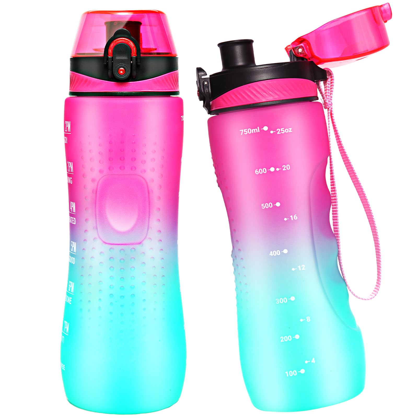 Water Bottle,25 oz Motivational Water Bottle with Time Marker,Sports Water Bottle with Carrying Strap,Leakproof & BPA Free,Reusable,for Teenager, Adult,Outdoors, Cycling, School & Office