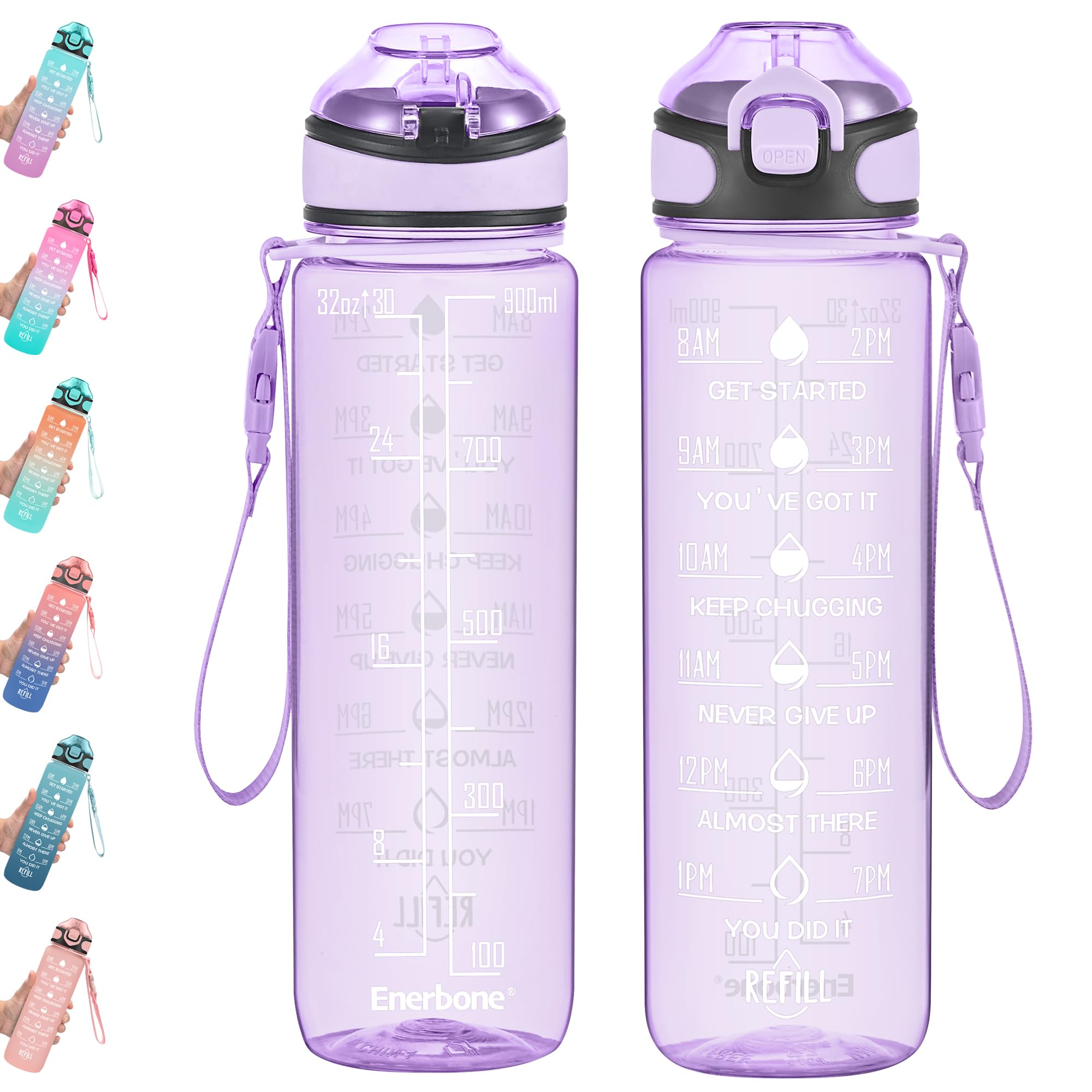 Enerbone 32 oz Drinking Water Bottle with Times to Drink and Straw, Motivational with Carrying Strap, Leakproof BPA & Toxic Free, Ensure You Drink Enough Water for Fitness Gym Outdoor