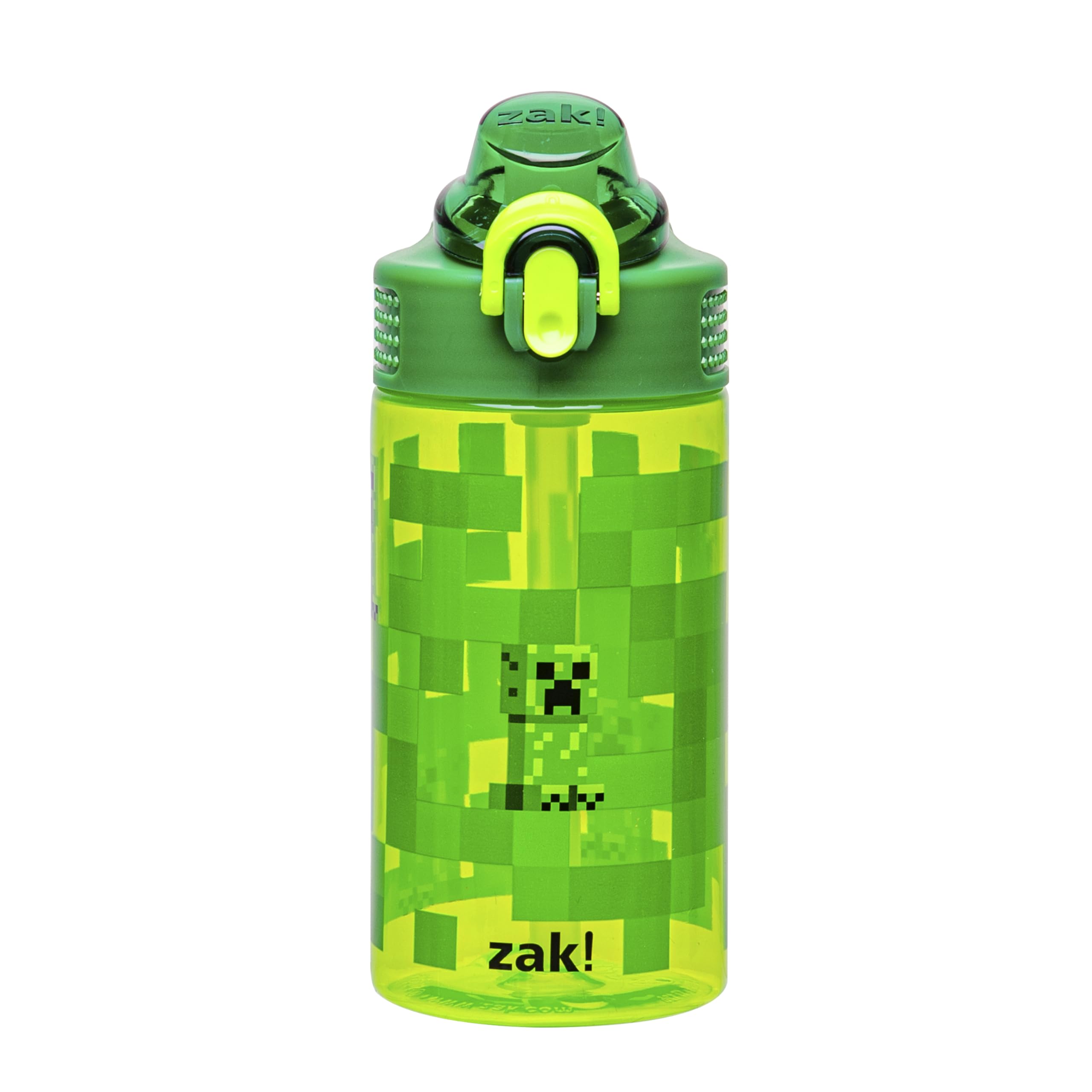 Zak Designs Minecraft Sage Water Bottle For School or Travel, 25oz Durable Plastic Water Bottle With Straw, Handle, and Leak-Proof, Pop-Up Spout Cover (Creeper)