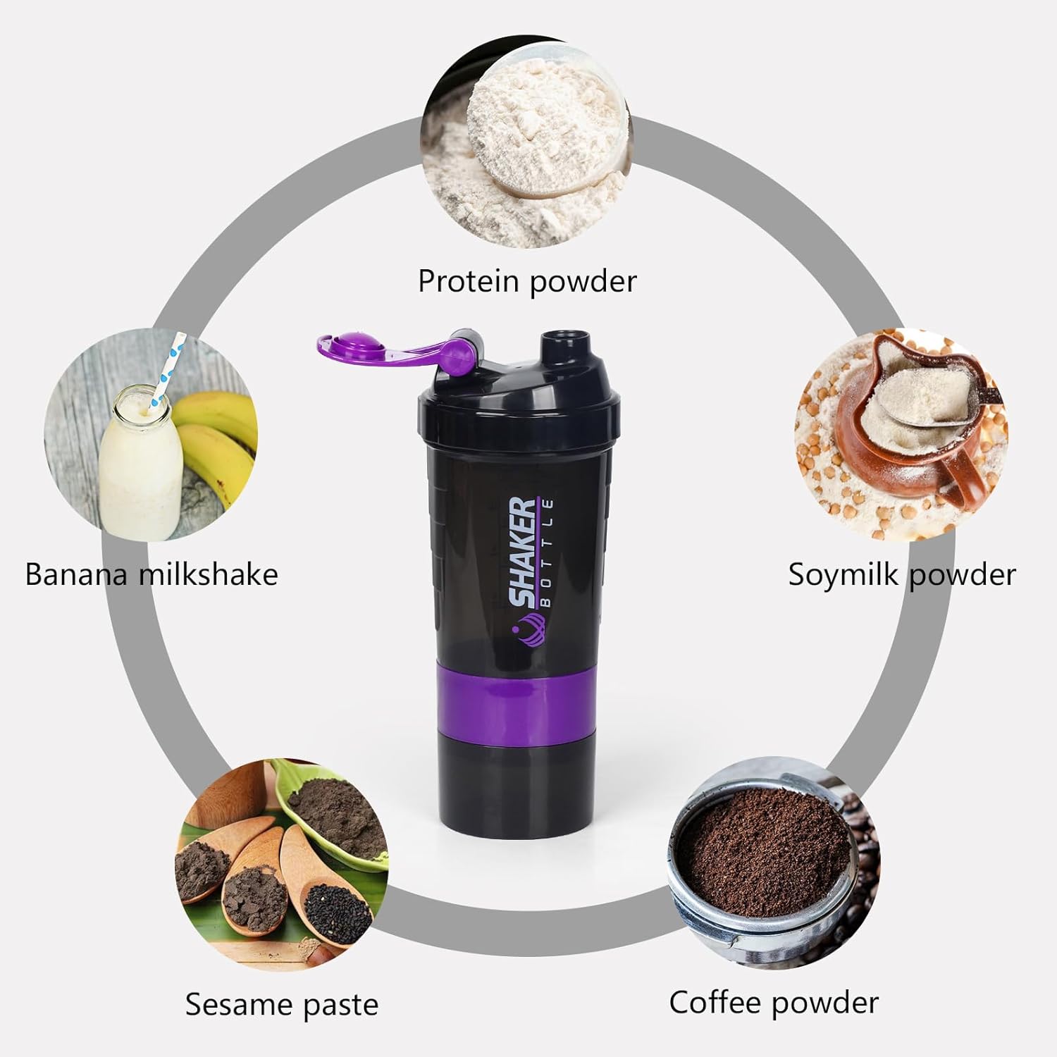 XTK Shaker Bottle Protein Shaker Bottles with Storage and Mix Ball, 16OZ Sports Water Bottle with Pill Organizer,Leak Proof Portable Shaker Bottles for Protein Mixes and Pre Work Out,BPA Free(purple)
