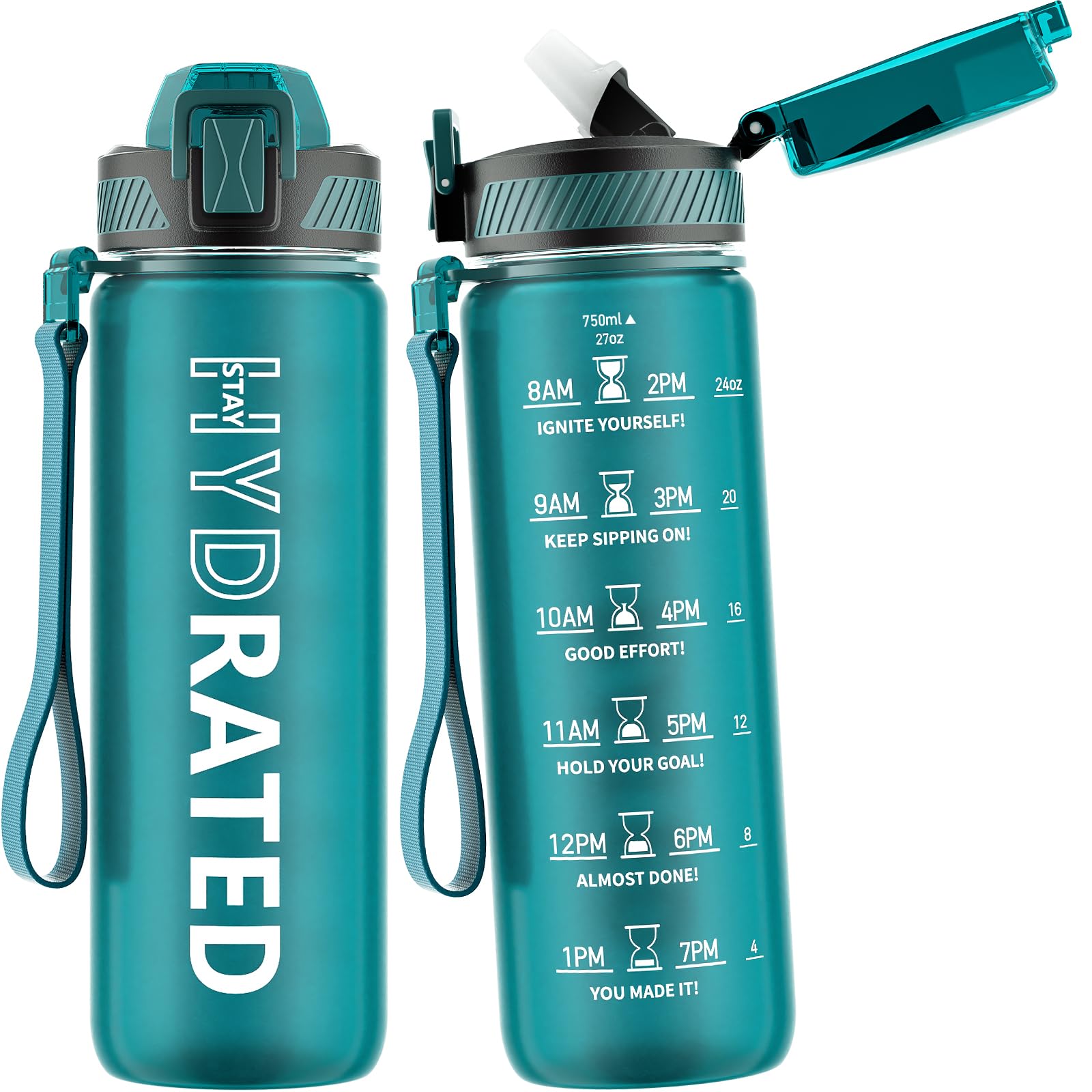 QLUR Water Bottle with Straw, 32oz Motivational Water Bottles with Time Marker to Drink, Tritan BPA Free, 1L Sports Water Bottle with Carry Strap LeakProof for Women Gym Fitness Outdoor (1 Pack)