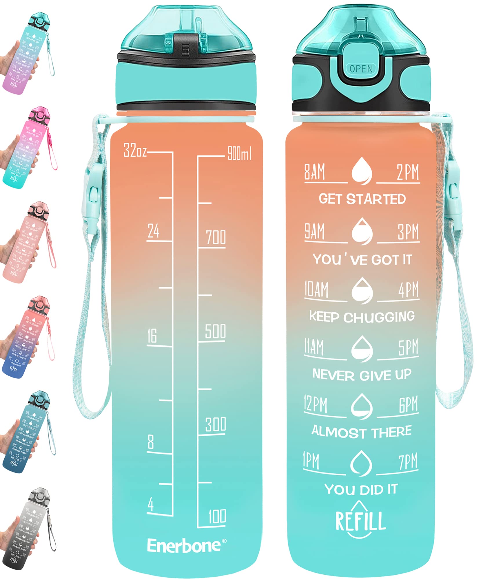 Enerbone 32 oz Drinking Water Bottle with Times to Drink and Straw, Motivational with Carrying Strap, Leakproof BPA & Toxic Free, Ensure You Drink Enough Water for Fitness Gym Outdoor