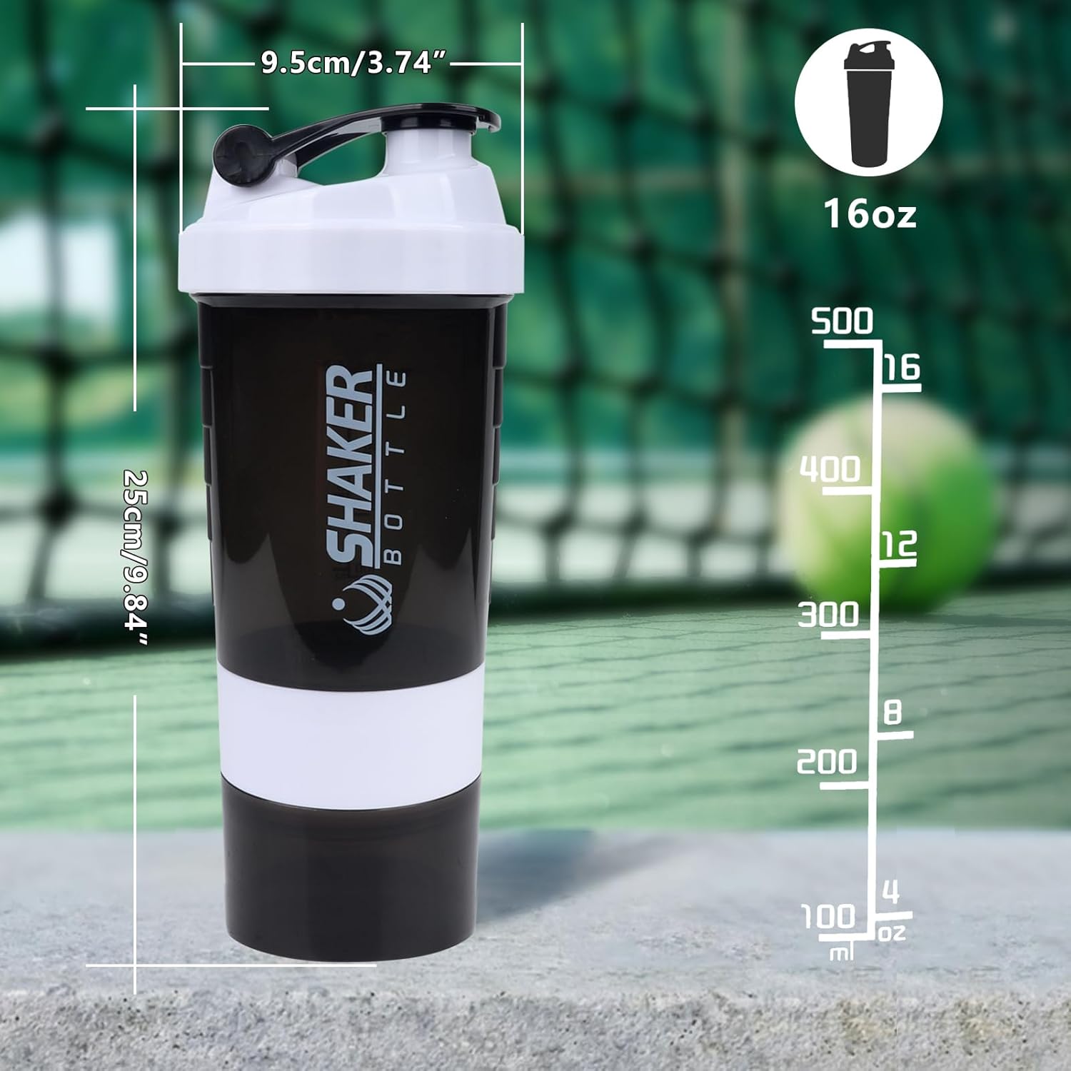 XTK Shaker Bottle Protein Shaker Bottles with Storage and Mix Ball, 16OZ Sports Water Bottle with Pill Organizer,Leak Proof Portable Shaker Cup for Protein Mixes and Pre Work Out,BPA Free(white)