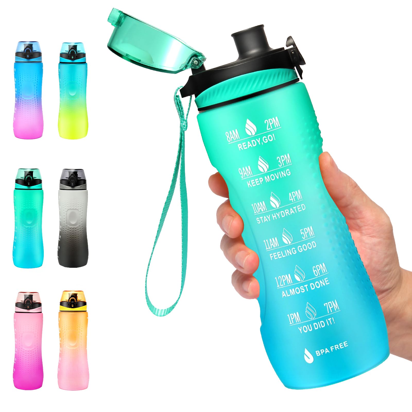 Water Bottle,25 oz Motivational Water Bottle with Time Marker,Sports Water Bottle with Carrying Strap,Leakproof & BPA Free,Reusable,for Teenager, Adult,Outdoors, Cycling, School & Office