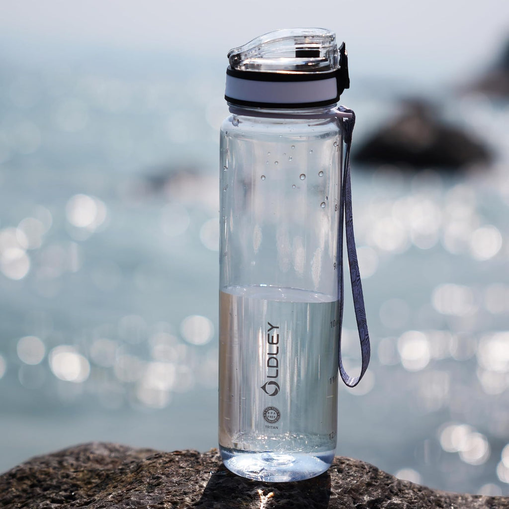 OLDLEY 32 oz Water Bottle, Motivational Water Bottle with Time Marker, Sports Water Bottle With Strap, Leakproof & BPA Free Large Water Bottles for School, Gym, Travel, Outdoor, Tritan, Transparent